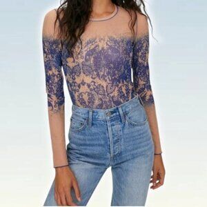 WILFRED Aritzia Sheer Mesh Long Sleeve Graphic Top Sz XXS Nude Blue